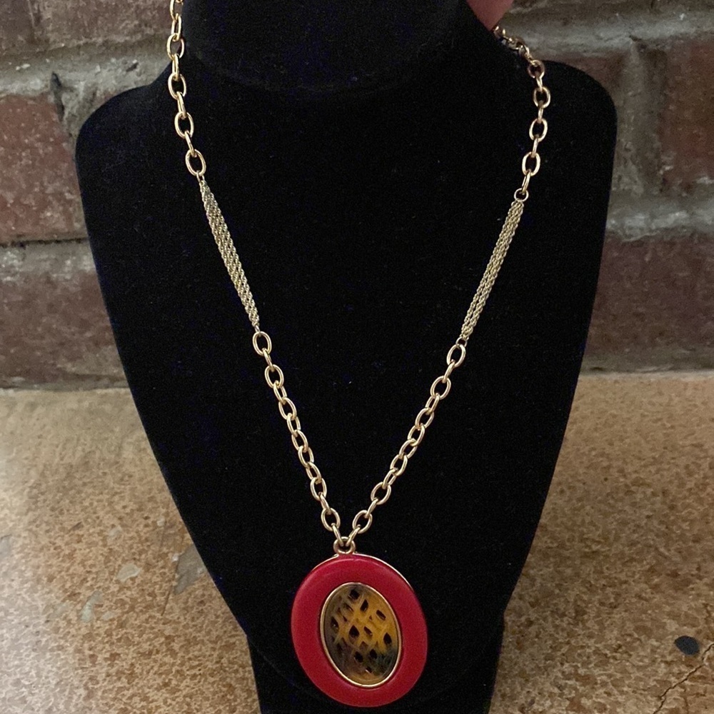 Gold and red resin oval pendant long statement necklace